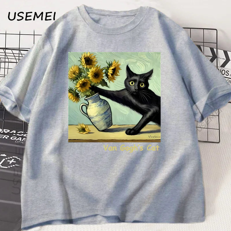 Van Gogh Cat Art Print T-shirt Fun Pattern T-shirt