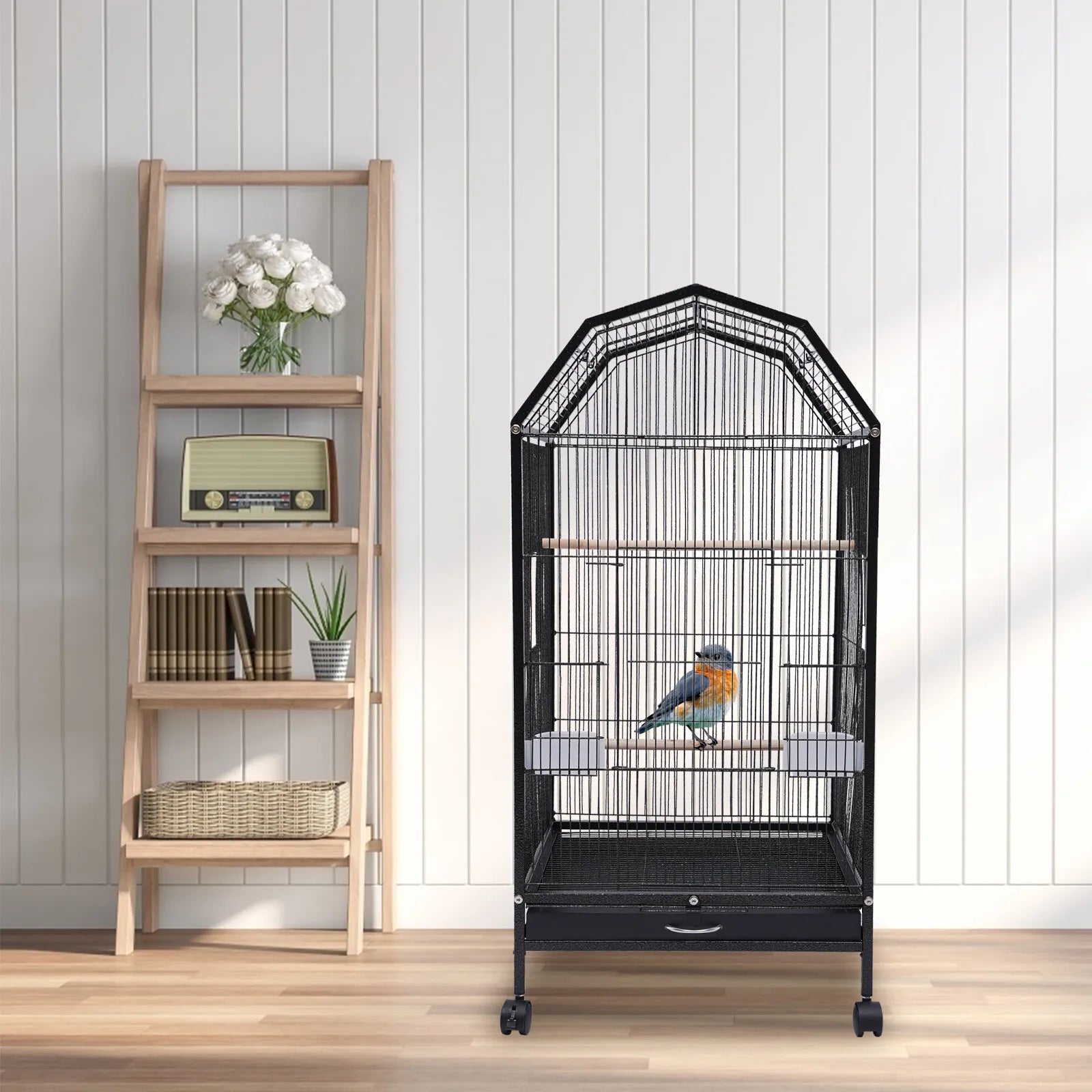 40-Inch Wrought Iron Bird Cage with Open-Top and Rolling Stand