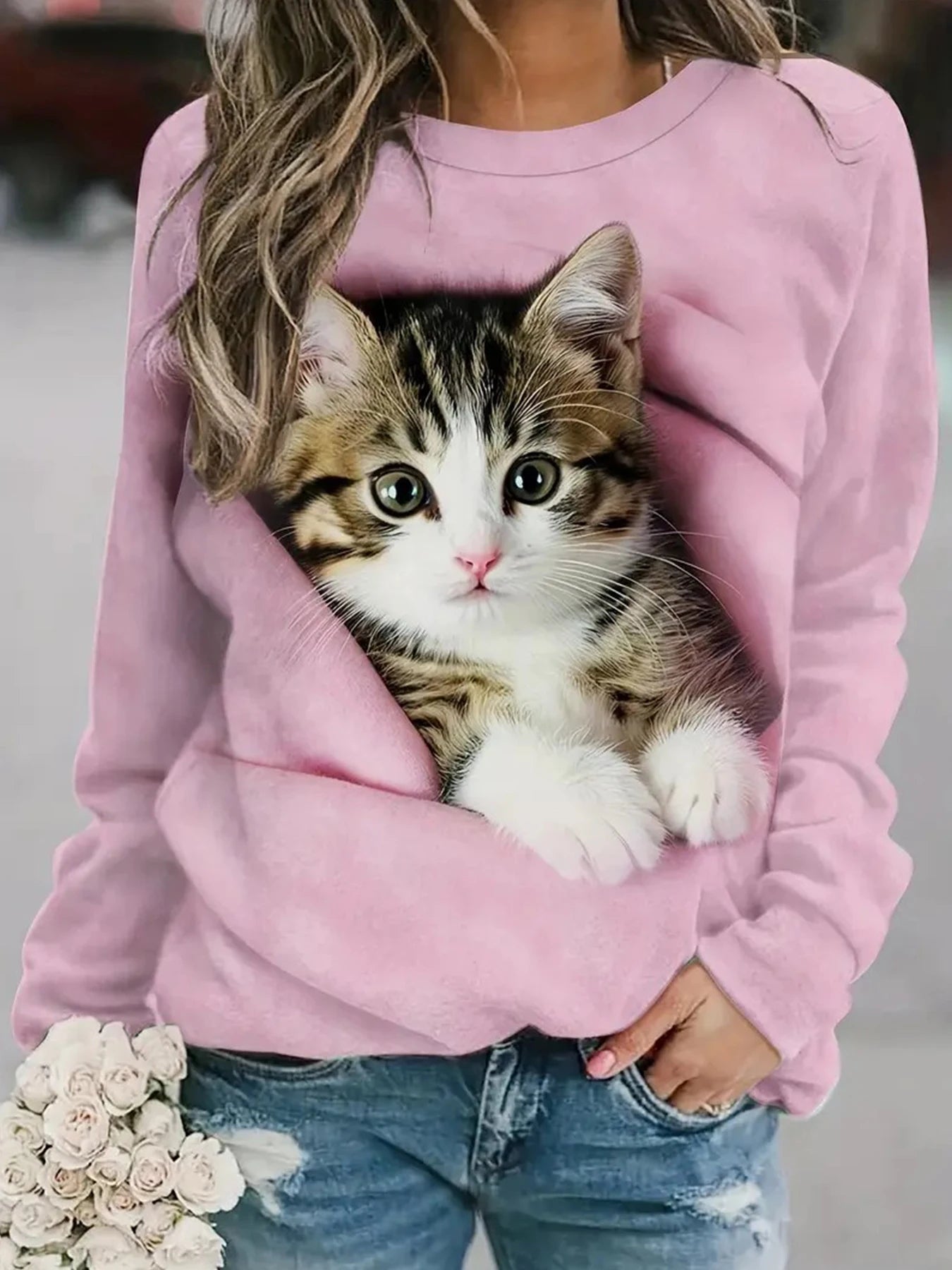 Women’s Sweatshirt Graphic Long Sleeve Sweater Peeking Kitten Design Round Neck