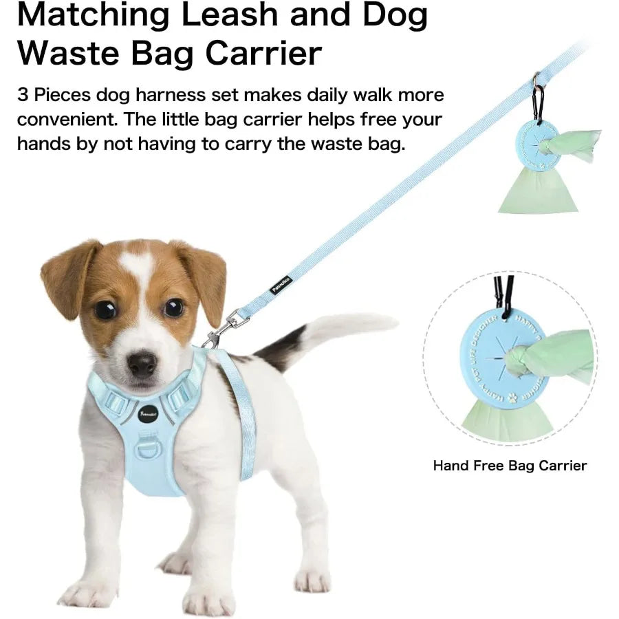 Light Blue Medium Dog Harness with Two Leash Clips