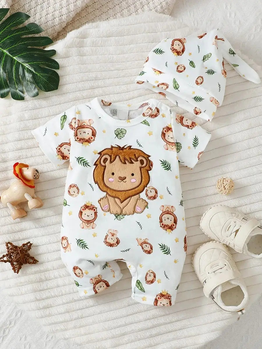 New Baby Boy Casual Cute Cartoon Lion Pattern Round Neck Short Sleeve Hoodie
