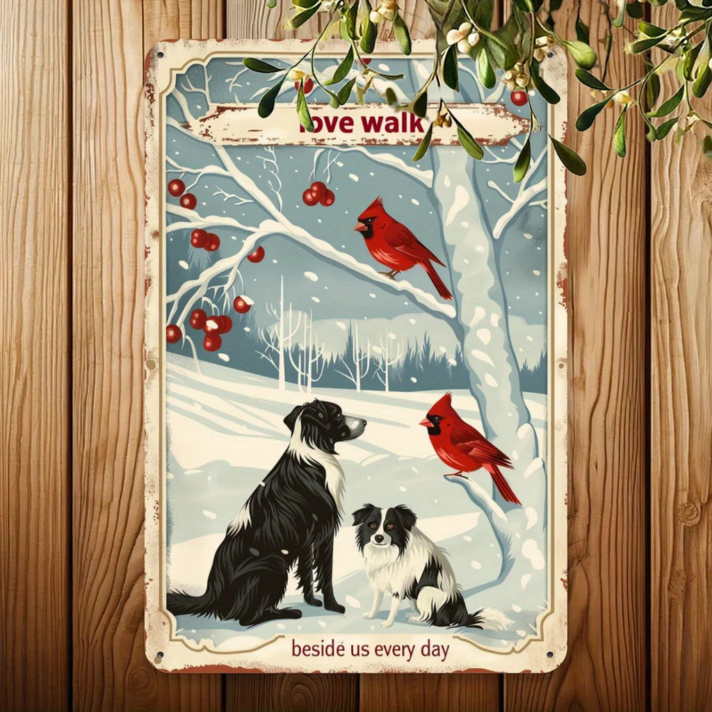 Charming Tin Painting with Cardinals and Dogs