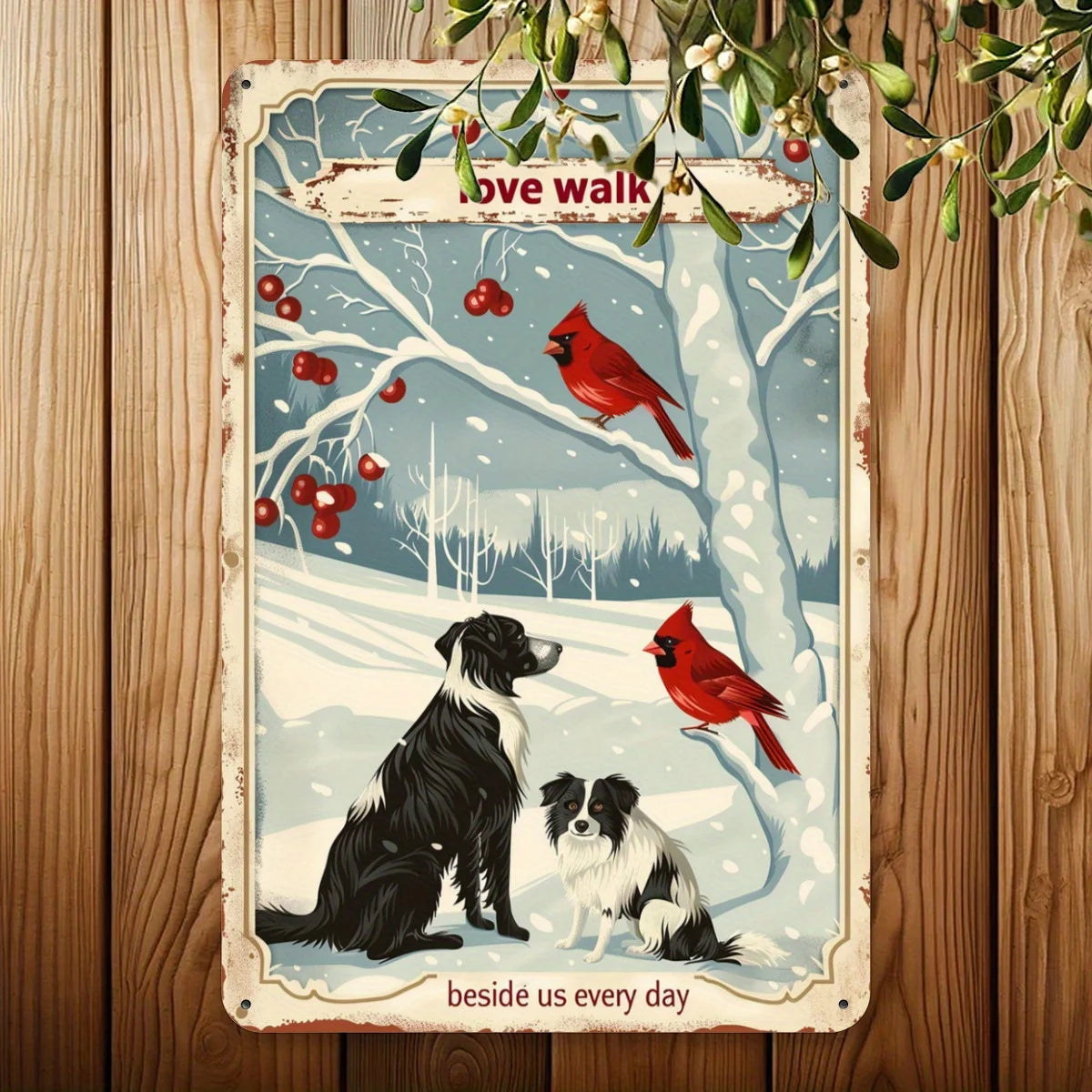 Charming Tin Painting with Cardinals and Dogs