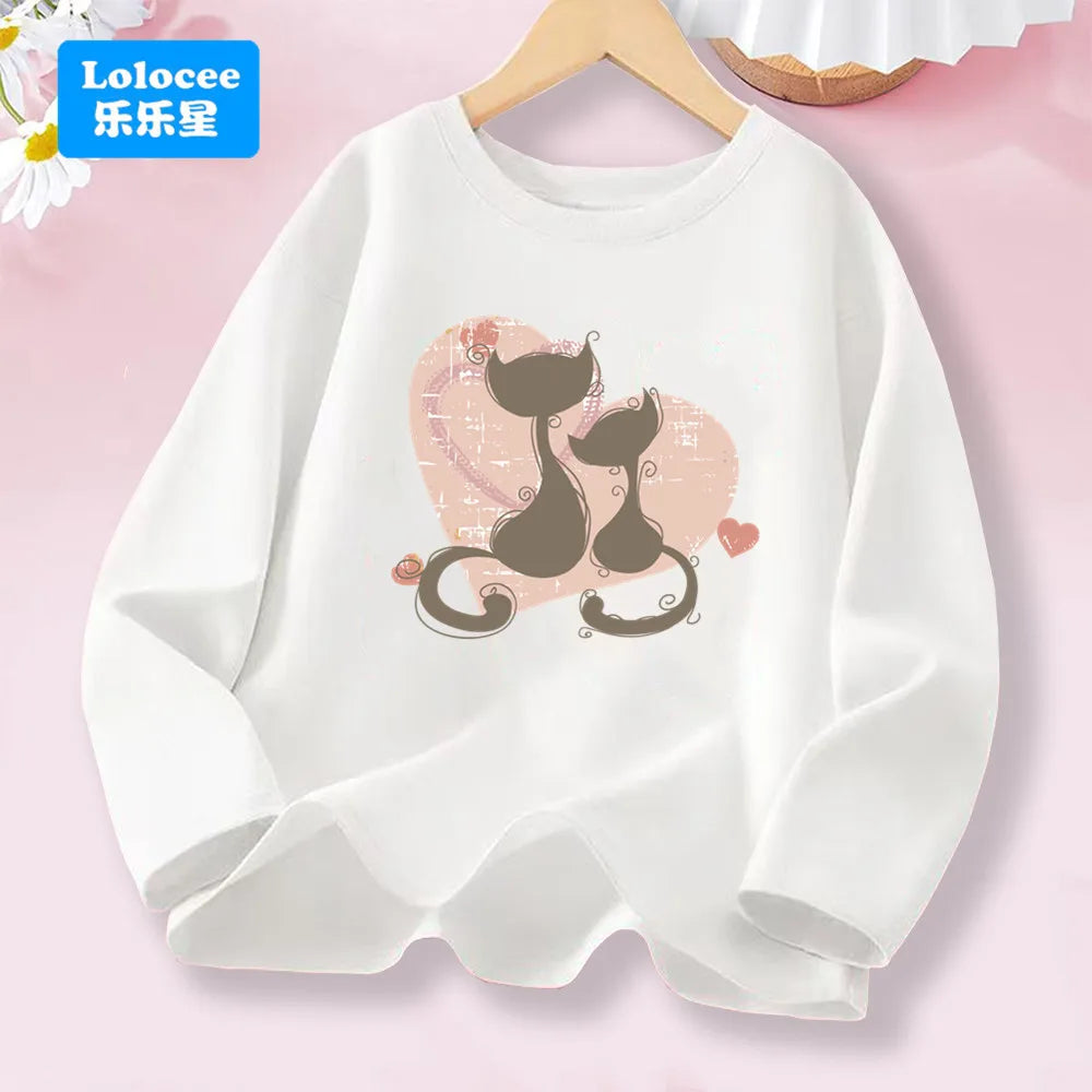 Love Heart Print Kawaii Cat T-shirts for Girls Clothing Long Sleeve