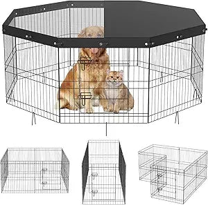 Foldable Metal Dog Exercise Pen with Top Cover and Door, 24 Width x 24 Height