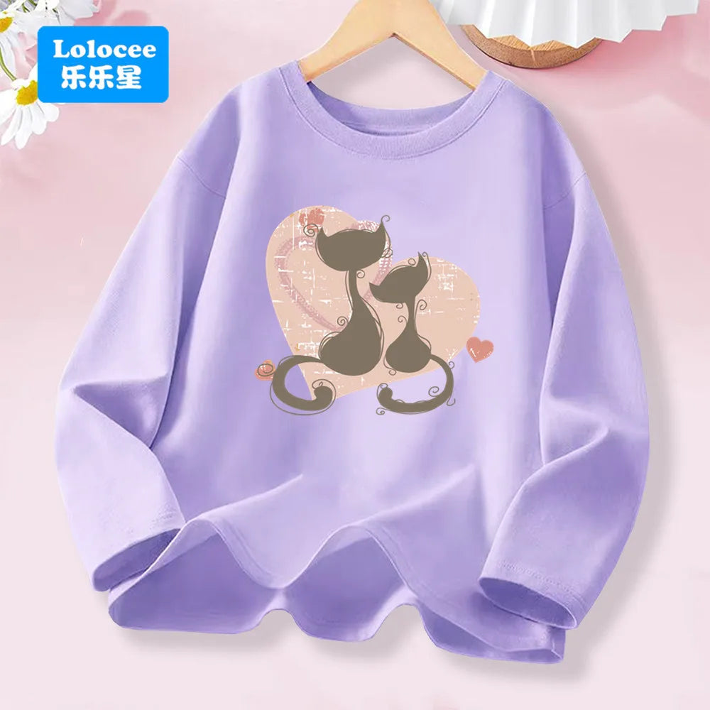 Love Heart Print Kawaii Cat T-shirts for Girls Clothing Long Sleeve