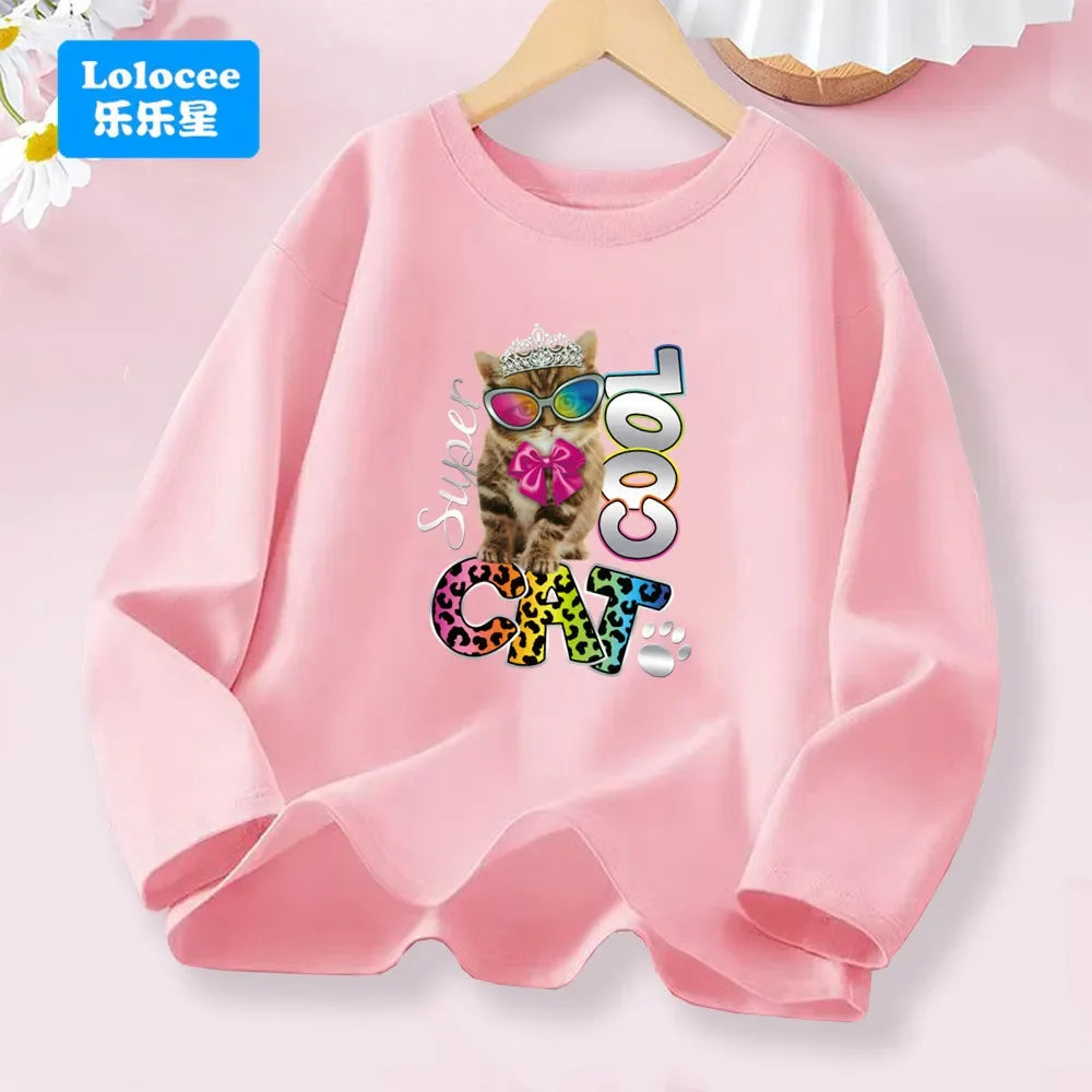 Love Heart Print Kawaii Cat T-shirts for Girls Clothing Long Sleeve