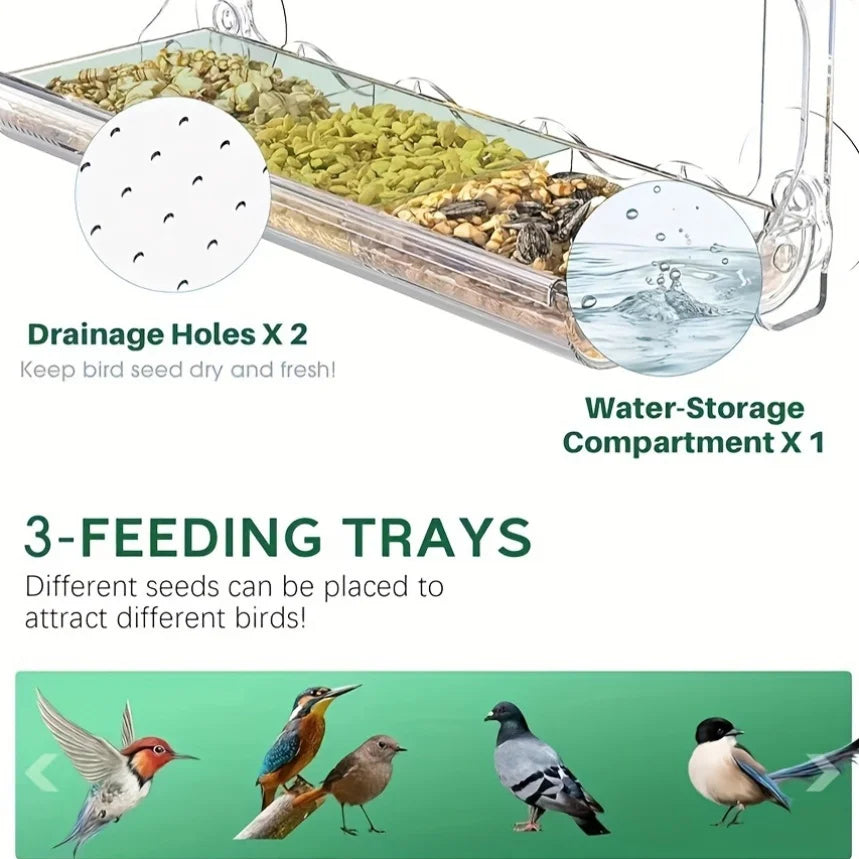Indestructible Large Window Bird Feeder with Removable Seed & Water Tray
