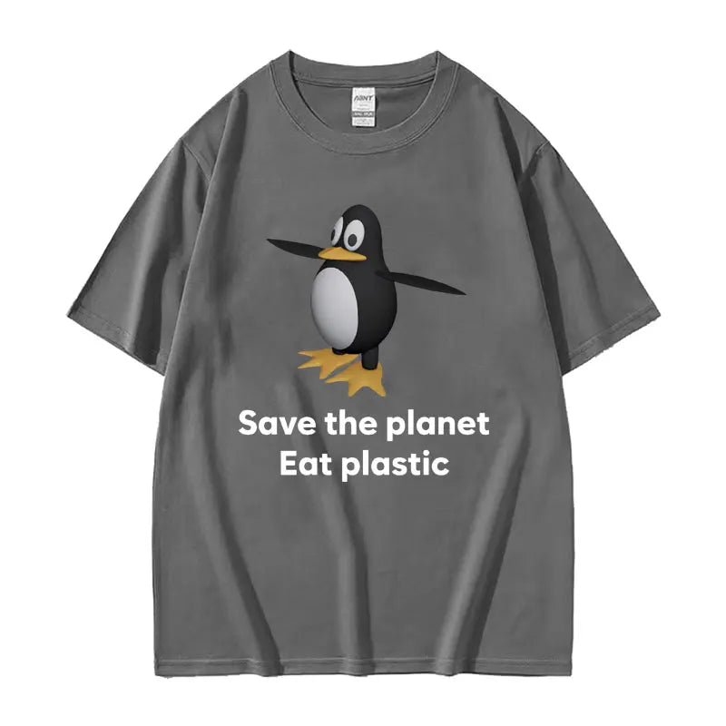 Save The Earth Eat Plastic Funny Meme T-Shirt Cute Penguin