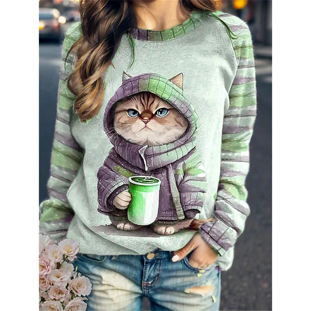 Women's Round Neck Hoodie Animal Cat 3d Printed Shoulder T-Shirt Women's Clothing