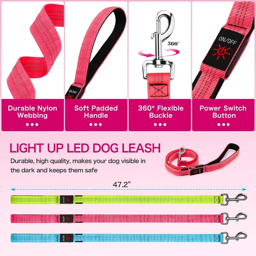 Light Up Dog Leash 4ft LED Dog Leash Rechargeable Puppy Lead Waterproof Safety Glow in The Dark Pet Lights for Night Walking in