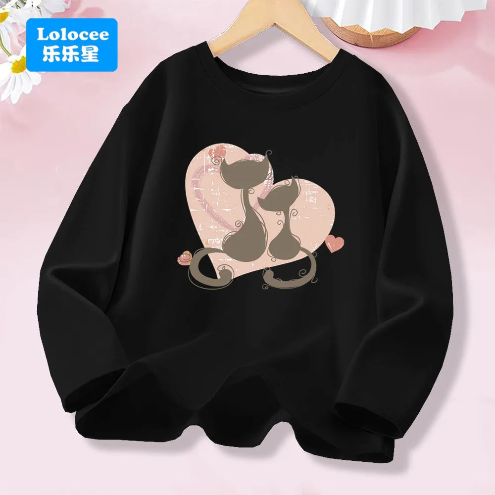 Love Heart Print Kawaii Cat T-shirts for Girls Clothing Long Sleeve
