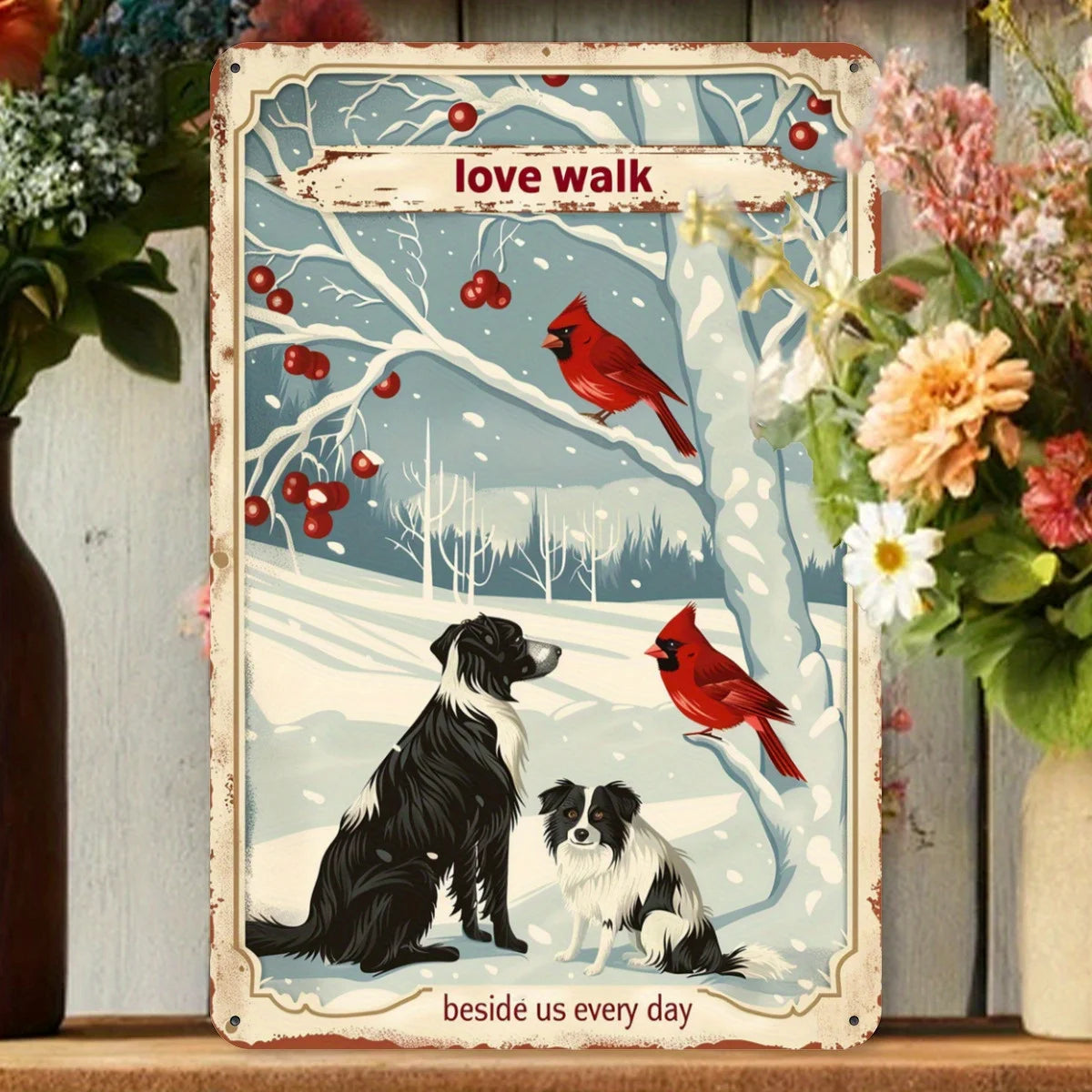Charming Tin Painting with Cardinals and Dogs