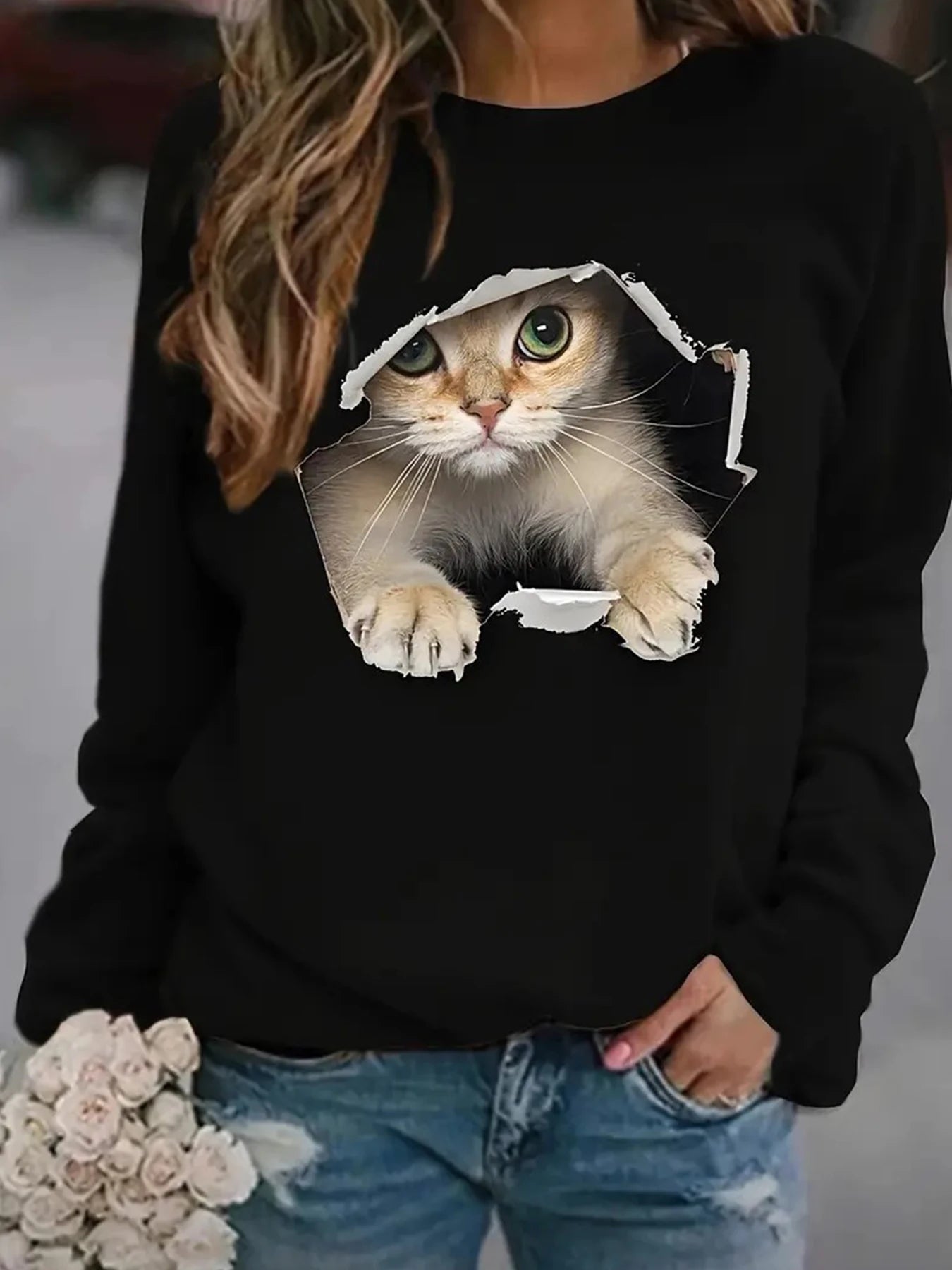Women’s Sweatshirt Graphic Long Sleeve Sweater Peeking Kitten Design Round Neck
