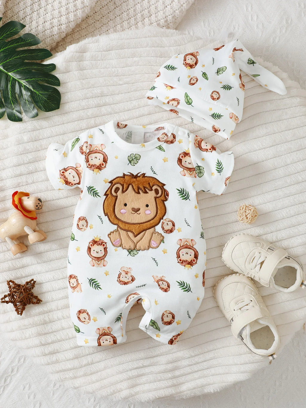 New Baby Boy Casual Cute Cartoon Lion Pattern Round Neck Short Sleeve Hoodie