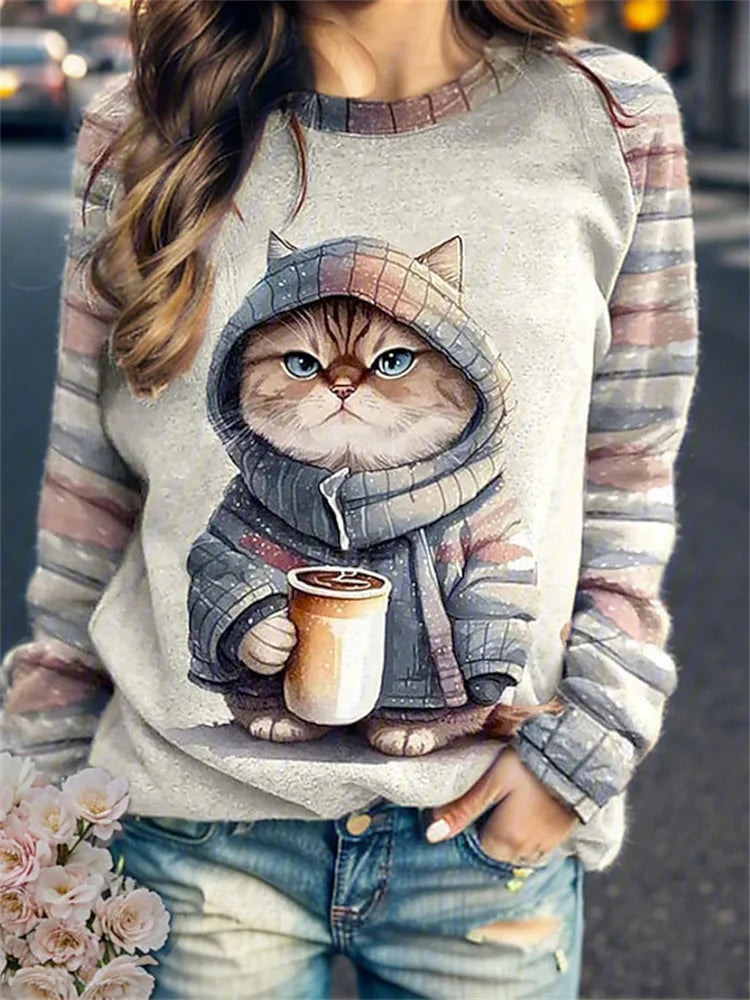 Women's Round Neck Hoodie Animal Cat 3d Printed Shoulder T-Shirt Women's Clothing