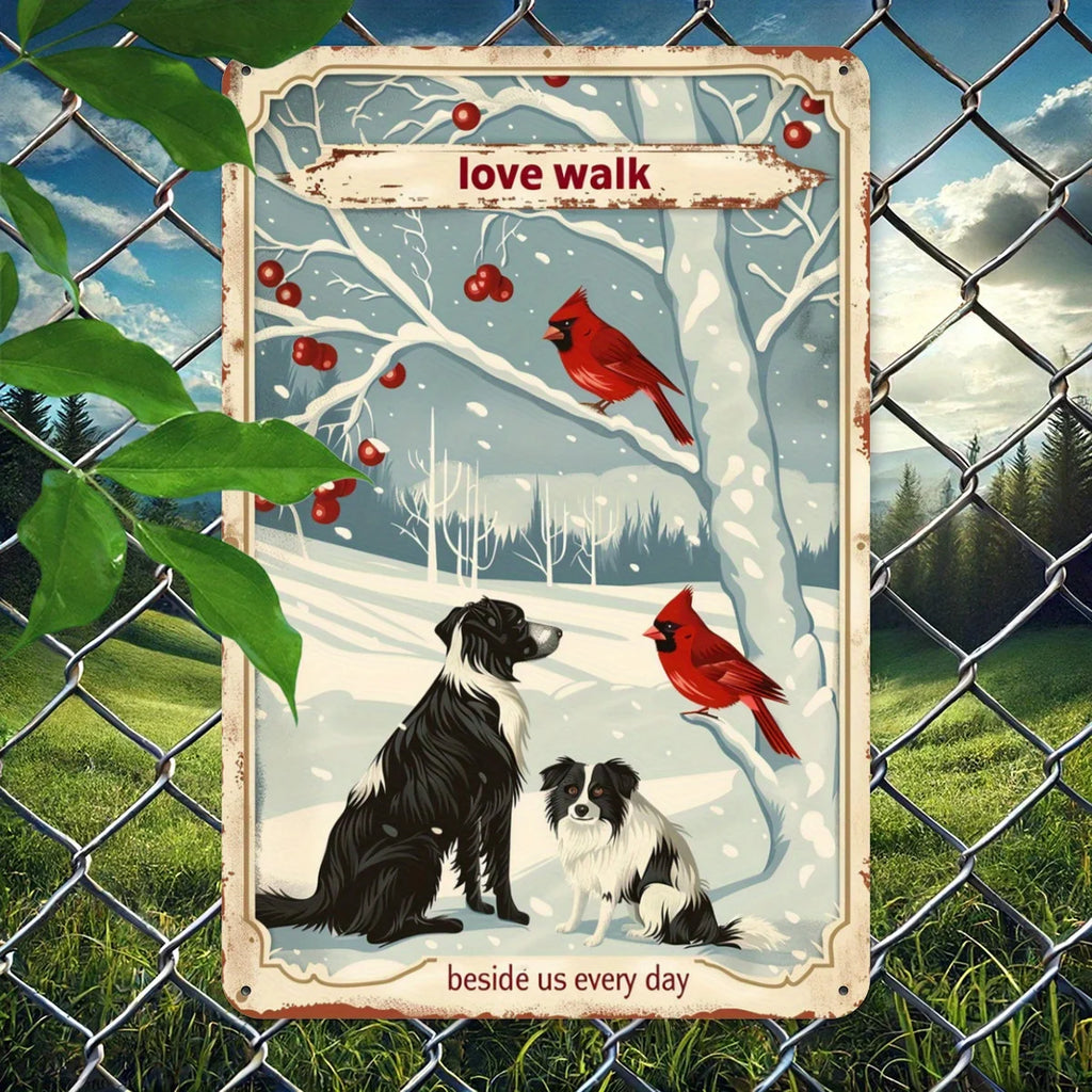 Charming Tin Painting with Cardinals and Dogs