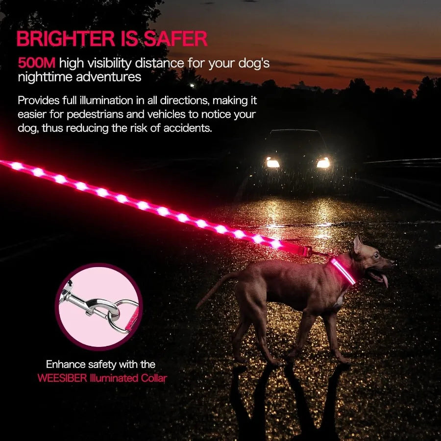 Light Up Dog Leash 4ft LED Dog Leash Rechargeable Puppy Lead Waterproof Safety Glow in The Dark Pet Lights for Night Walking in