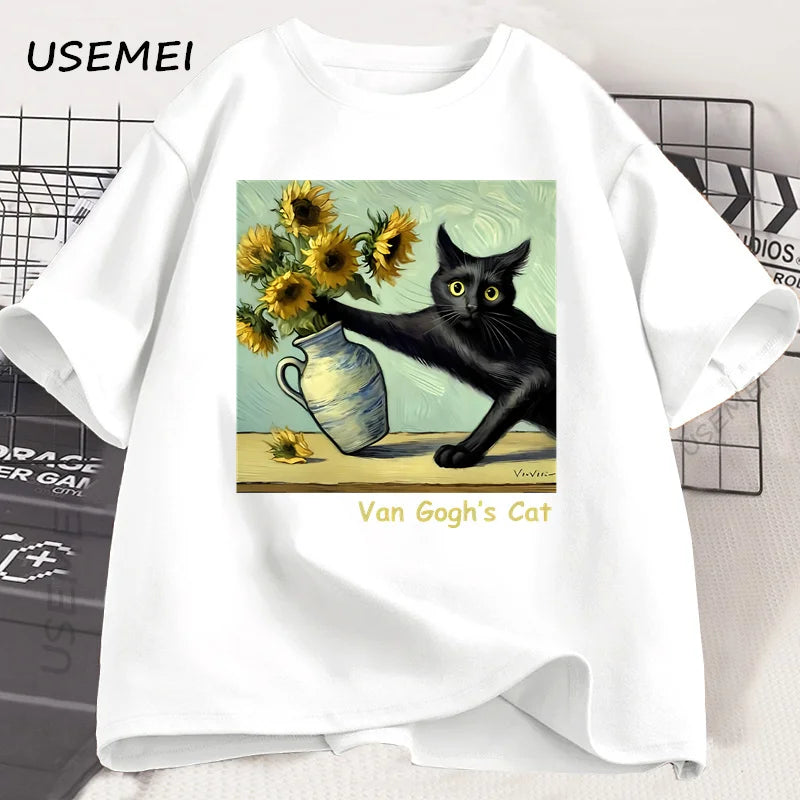 Van Gogh Cat Art Print T-shirt Fun Pattern T-shirt