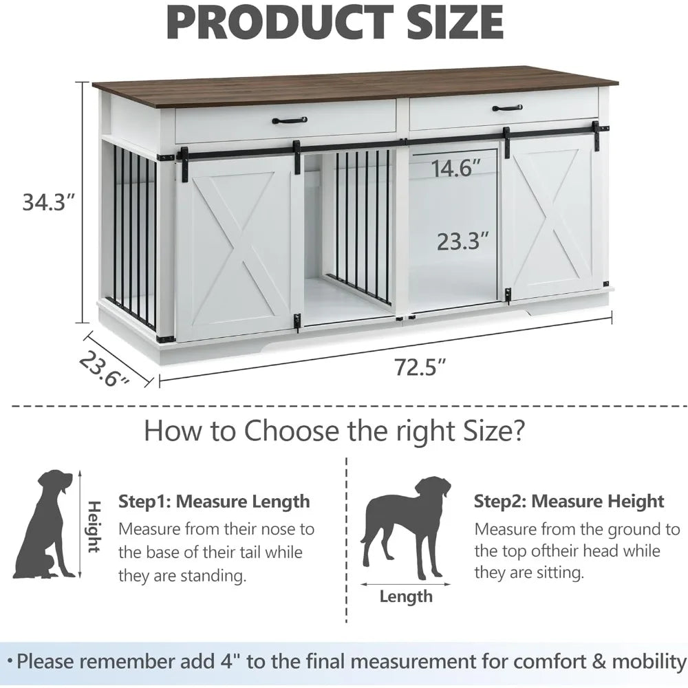 72.5" Double Dog Crate Furniture for 2 Medium Dogs,