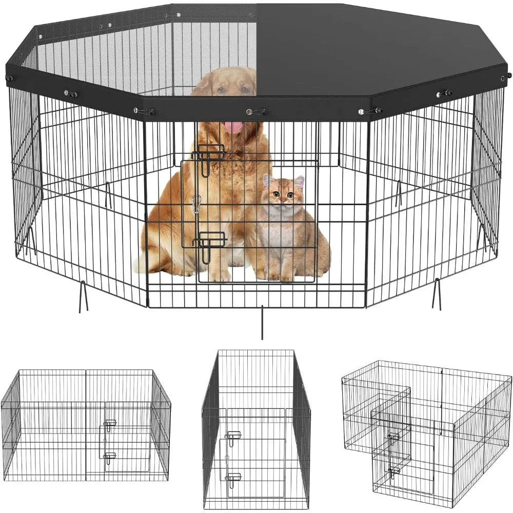 Foldable Metal Dog Exercise Pen with Top Cover and Door, 24 Width x 24 Height