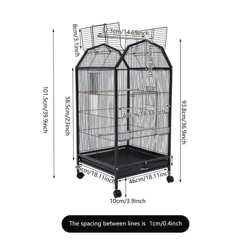 40-Inch Wrought Iron Bird Cage with Open-Top and Rolling Stand
