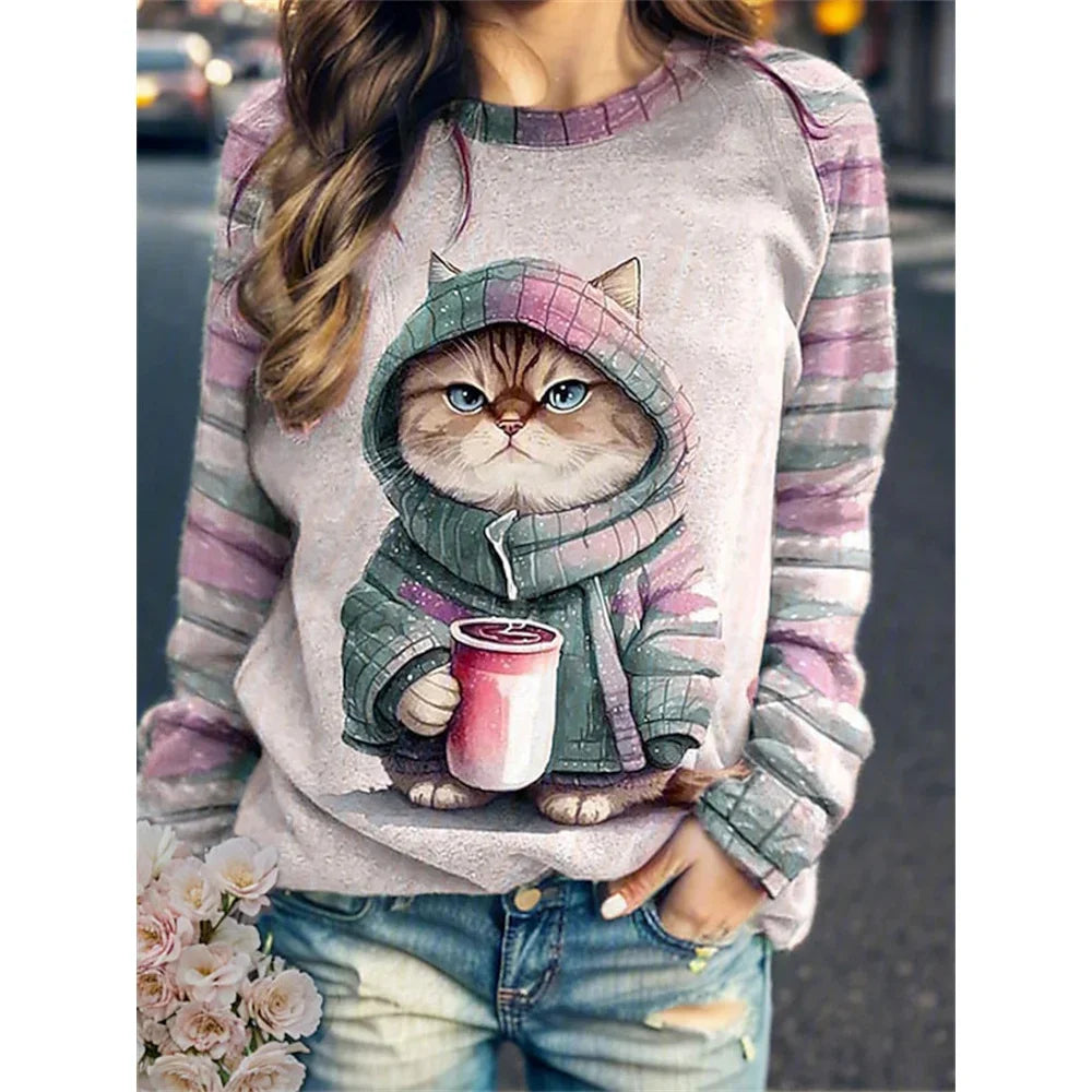 Women's Round Neck Hoodie Animal Cat 3d Printed Shoulder T-Shirt Women's Clothing