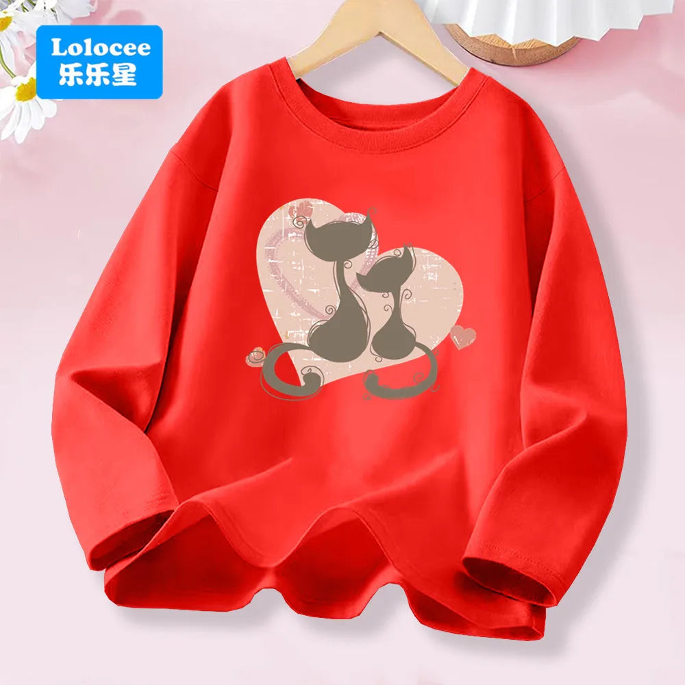Love Heart Print Kawaii Cat T-shirts for Girls Clothing Long Sleeve