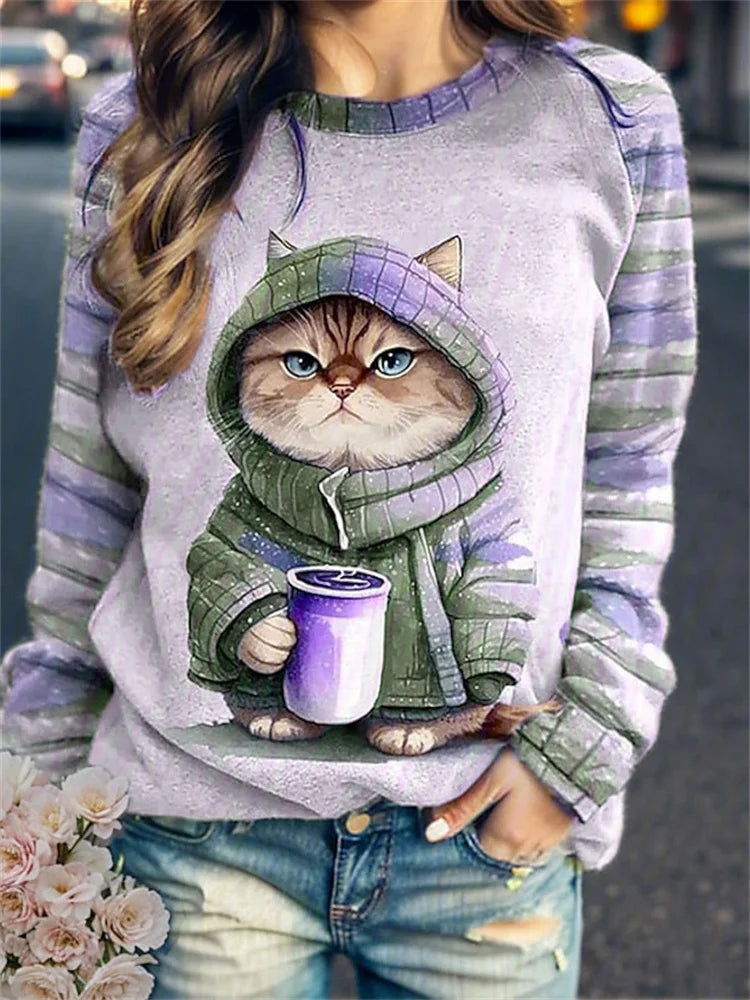 Women's Round Neck Hoodie Animal Cat 3d Printed Shoulder T-Shirt Women's Clothing