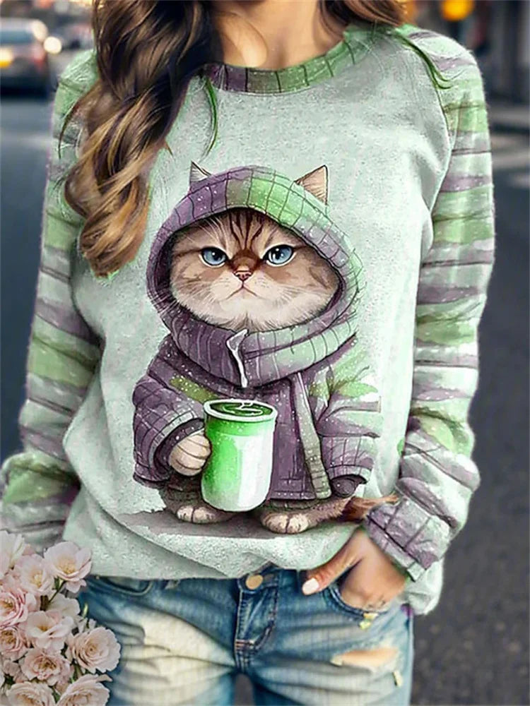 Women's Round Neck Hoodie Animal Cat 3d Printed Shoulder T-Shirt Women's Clothing