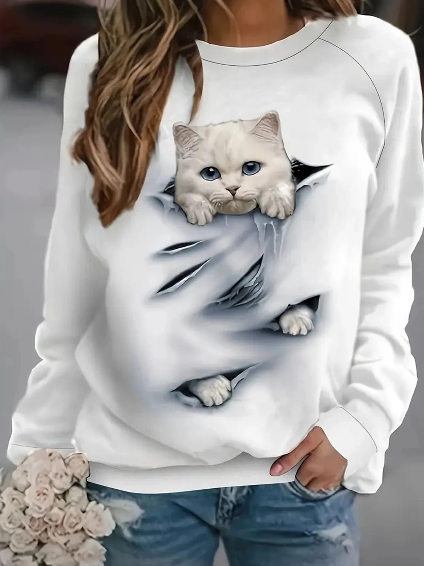Women’s Sweatshirt Graphic Long Sleeve Sweater Peeking Kitten Design Round Neck