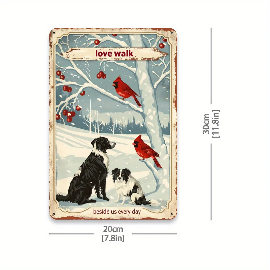 Charming Tin Painting with Cardinals and Dogs