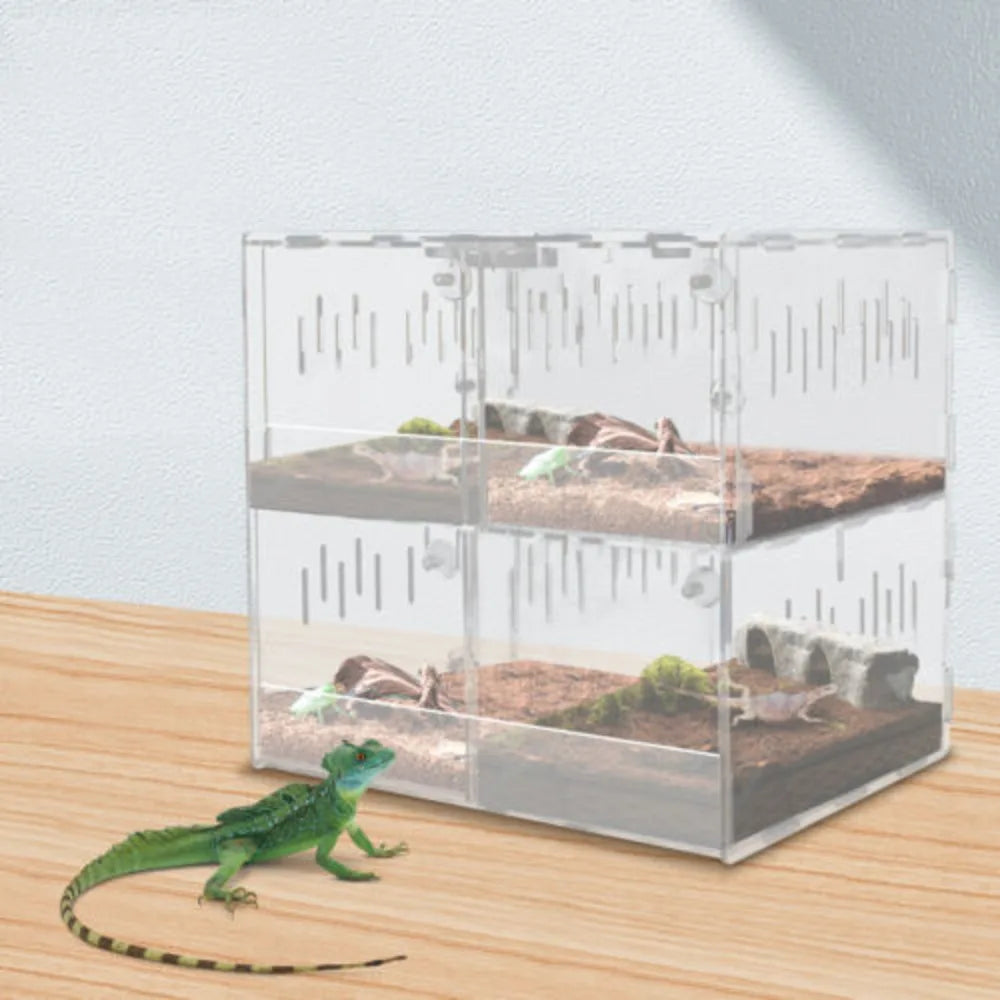 Bymaocar 4-grid Clear Acrylic Reptile Terrariums Climbing Pet Reptile Cage