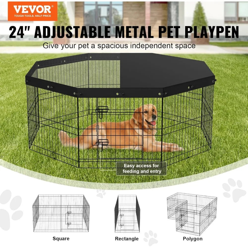Foldable Metal Dog Exercise Pen with Top Cover and Door, 24 Width x 24 Height