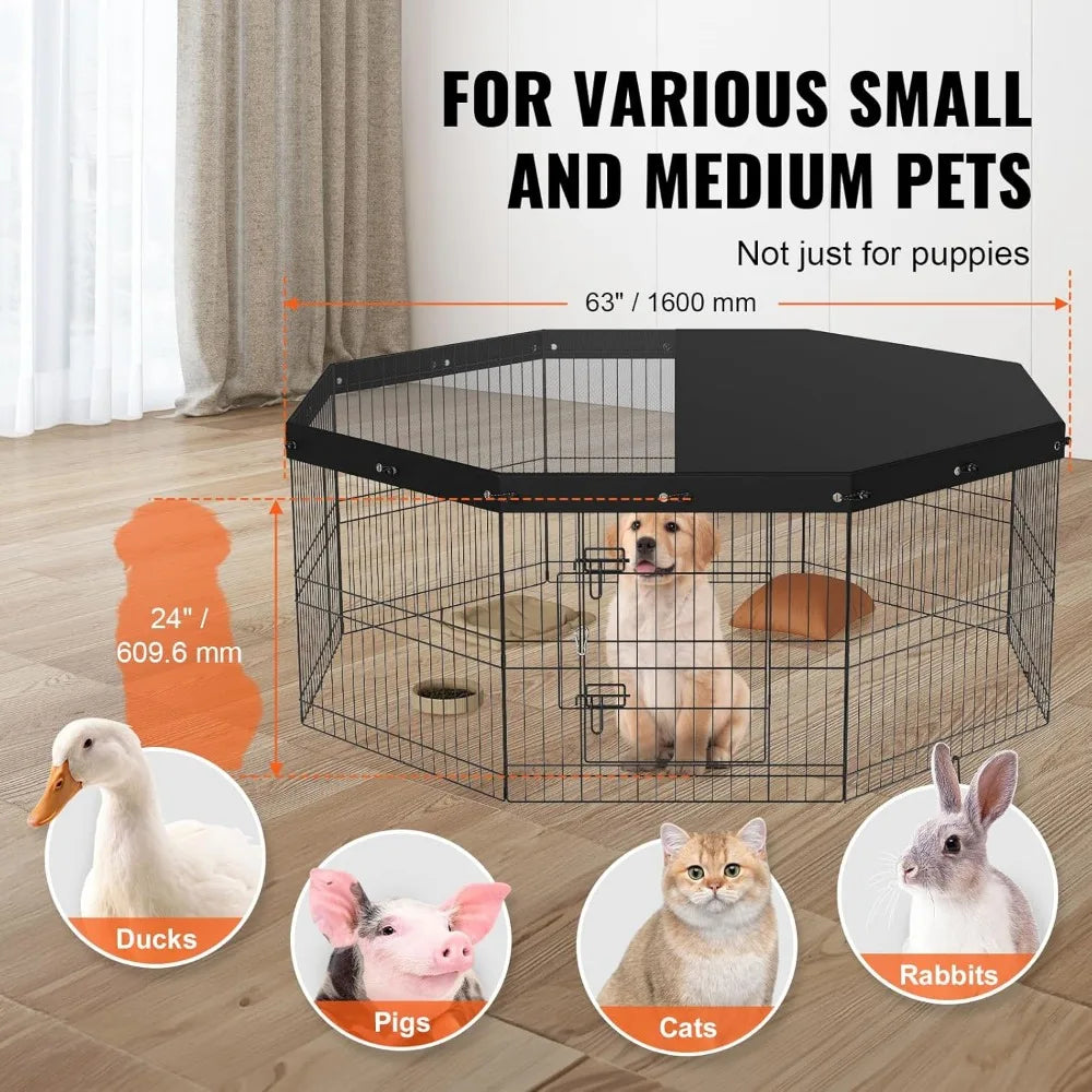 Foldable Metal Dog Exercise Pen with Top Cover and Door, 24 Width x 24 Height
