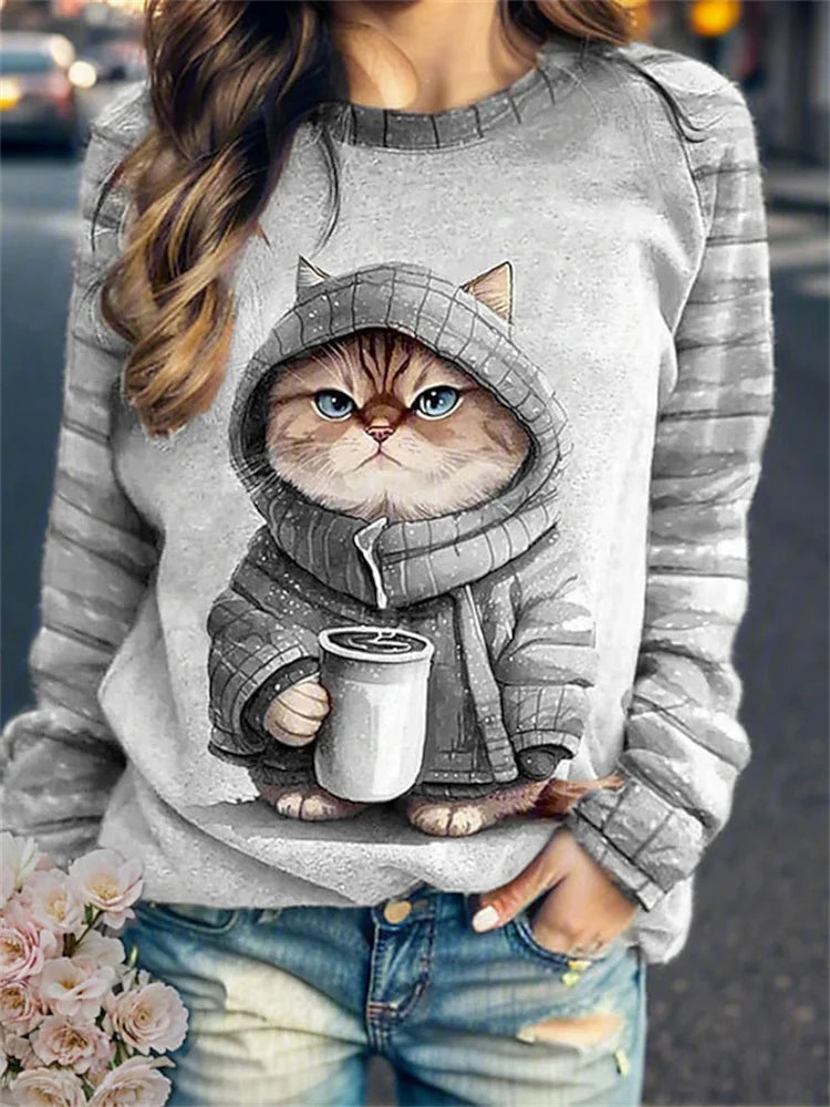 Women's Round Neck Hoodie Animal Cat 3d Printed Shoulder T-Shirt Women's Clothing