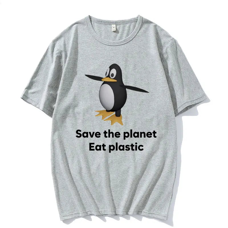 Save The Earth Eat Plastic Funny Meme T-Shirt Cute Penguin
