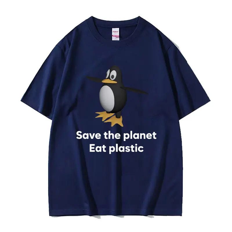 Save The Earth Eat Plastic Funny Meme T-Shirt Cute Penguin