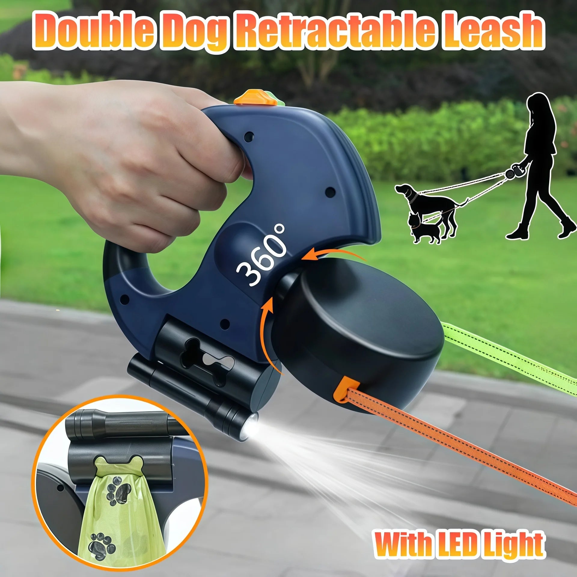Auto Retractable Double-Ended Dog Leash 3m with LED Flashlight Waste Bag Box Roulette 360 Degree Dual Traction Rope Pet Supplies