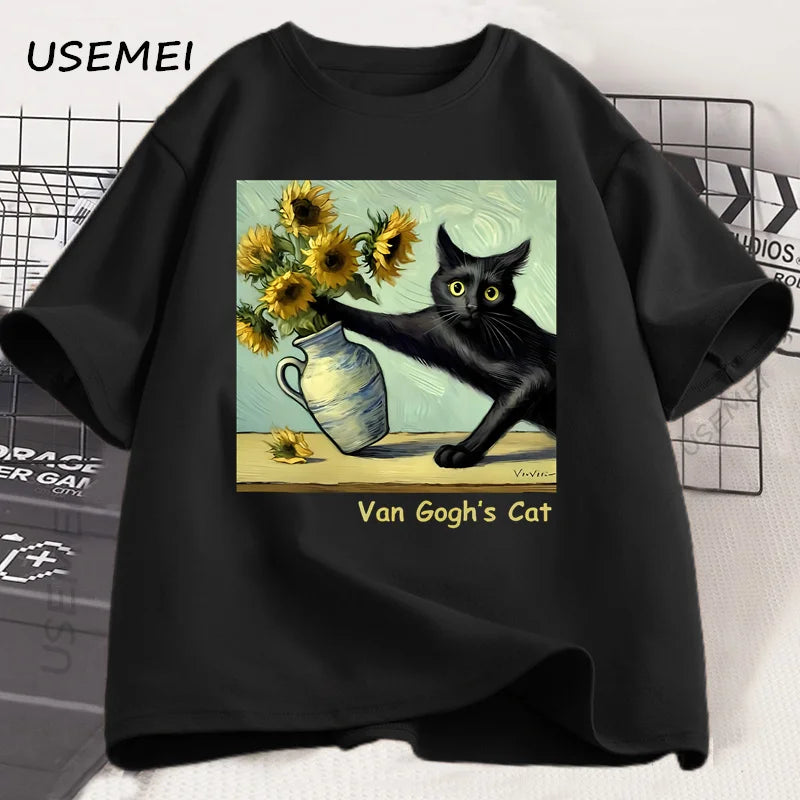 Van Gogh Cat Art Print T-shirt Fun Pattern T-shirt