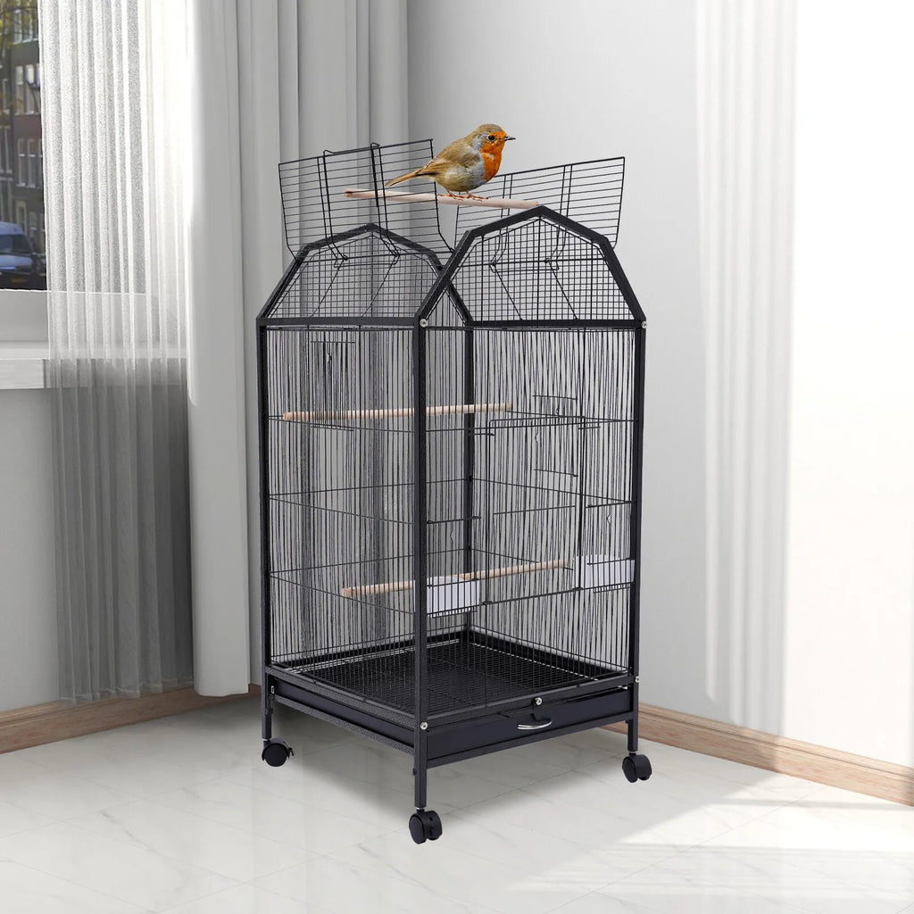 40-Inch Wrought Iron Bird Cage with Open-Top and Rolling Stand