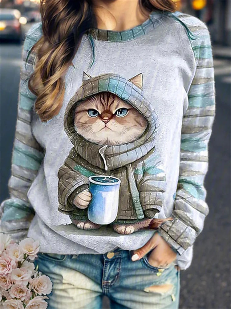 Women's Round Neck Hoodie Animal Cat 3d Printed Shoulder T-Shirt Women's Clothing