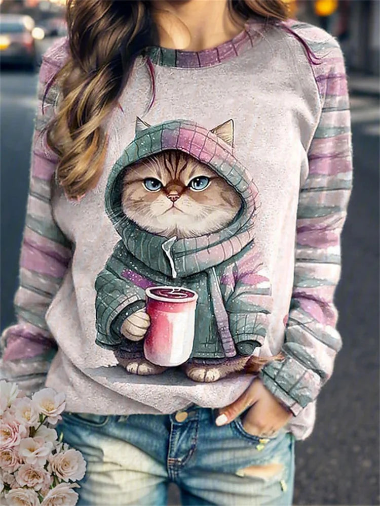 Women's Round Neck Hoodie Animal Cat 3d Printed Shoulder T-Shirt Women's Clothing