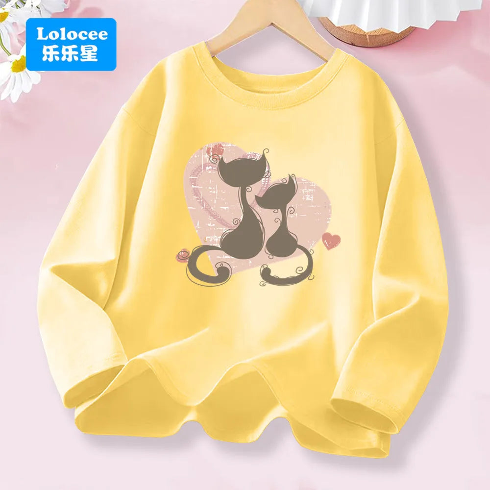 Love Heart Print Kawaii Cat T-shirts for Girls Clothing Long Sleeve
