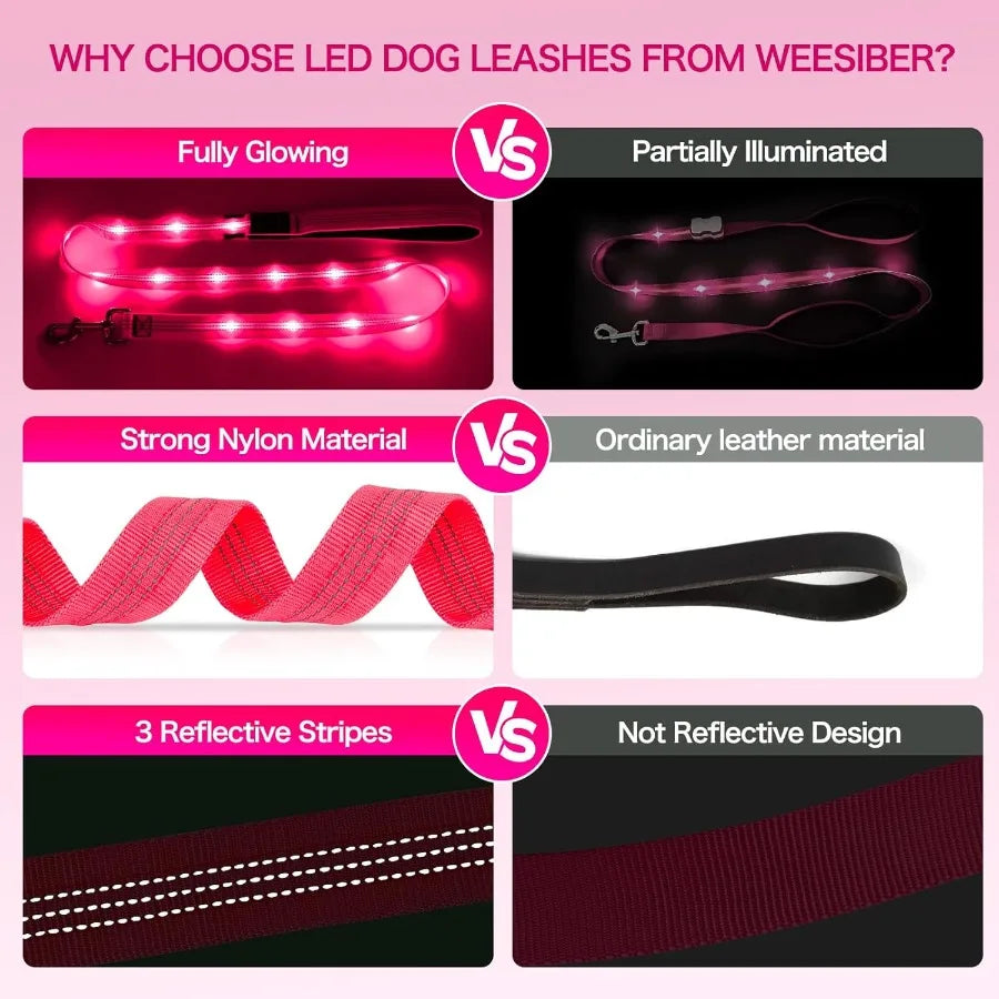 Light Up Dog Leash 4ft LED Dog Leash Rechargeable Puppy Lead Waterproof Safety Glow in The Dark Pet Lights for Night Walking in