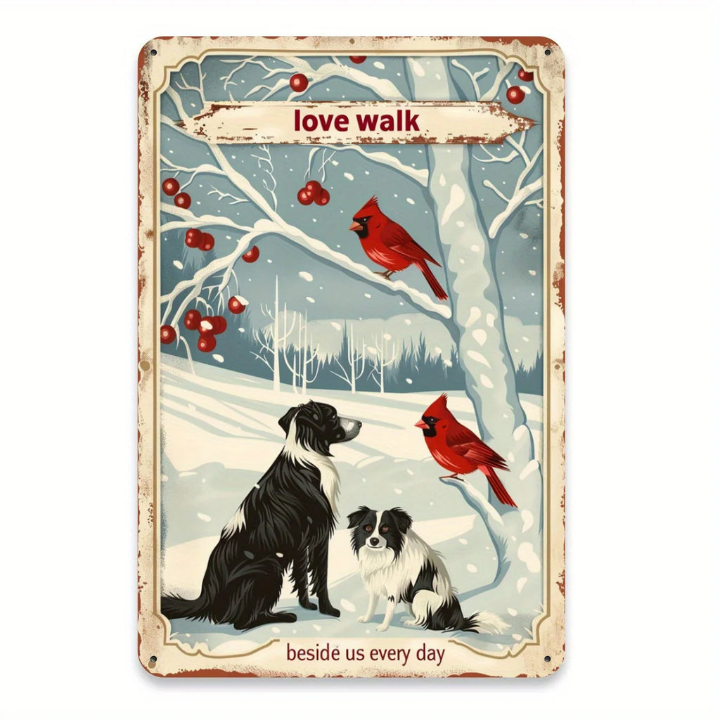 Charming Tin Painting with Cardinals and Dogs