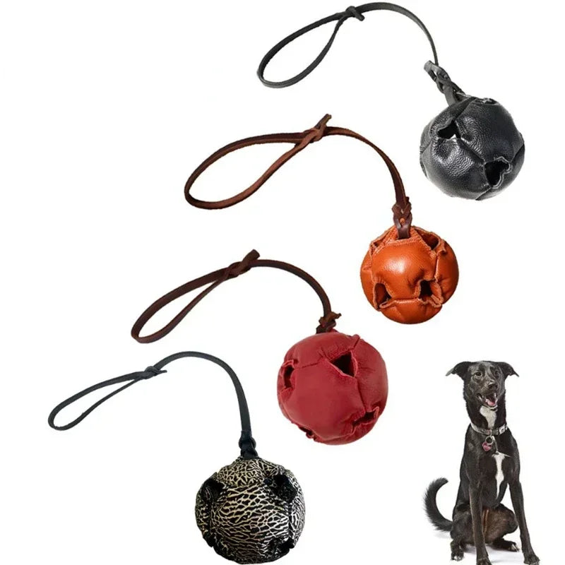Leather Dog Training Ball Toy Dog Ball Tug Toy, with a Handle