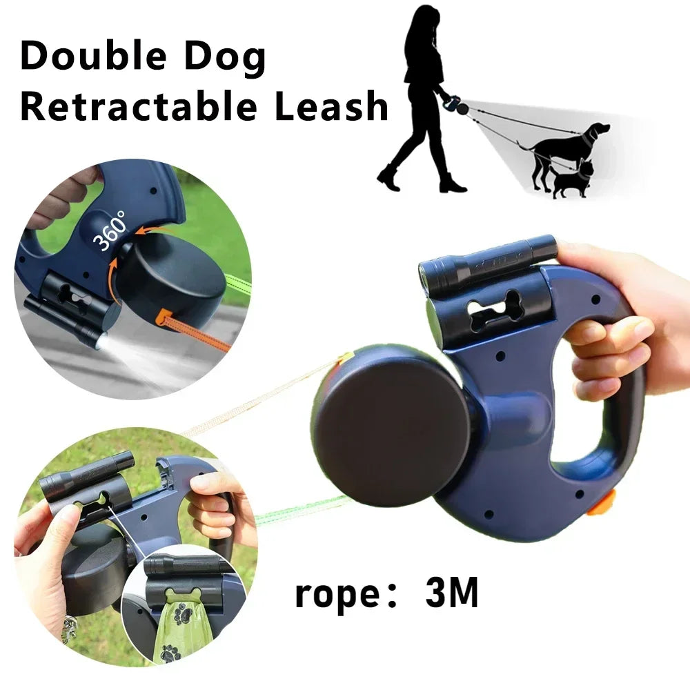 Retractable Dual Doggie Leash with LED Light, Each Dog Independent Braking
