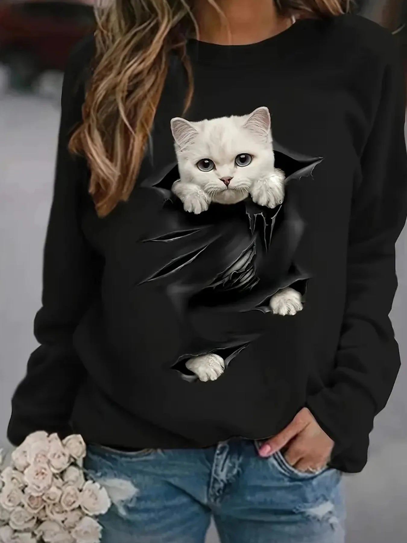 Women’s Sweatshirt Graphic Long Sleeve Sweater Peeking Kitten Design Round Neck