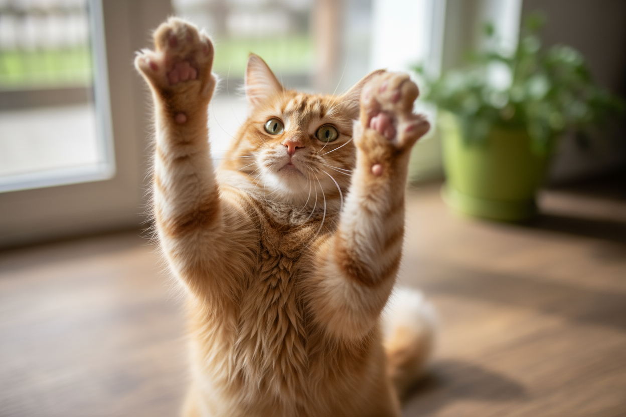 CREATE AN REALISITC IMAGE WITH A CAT WITH ITS PAWS IN THE AIR 